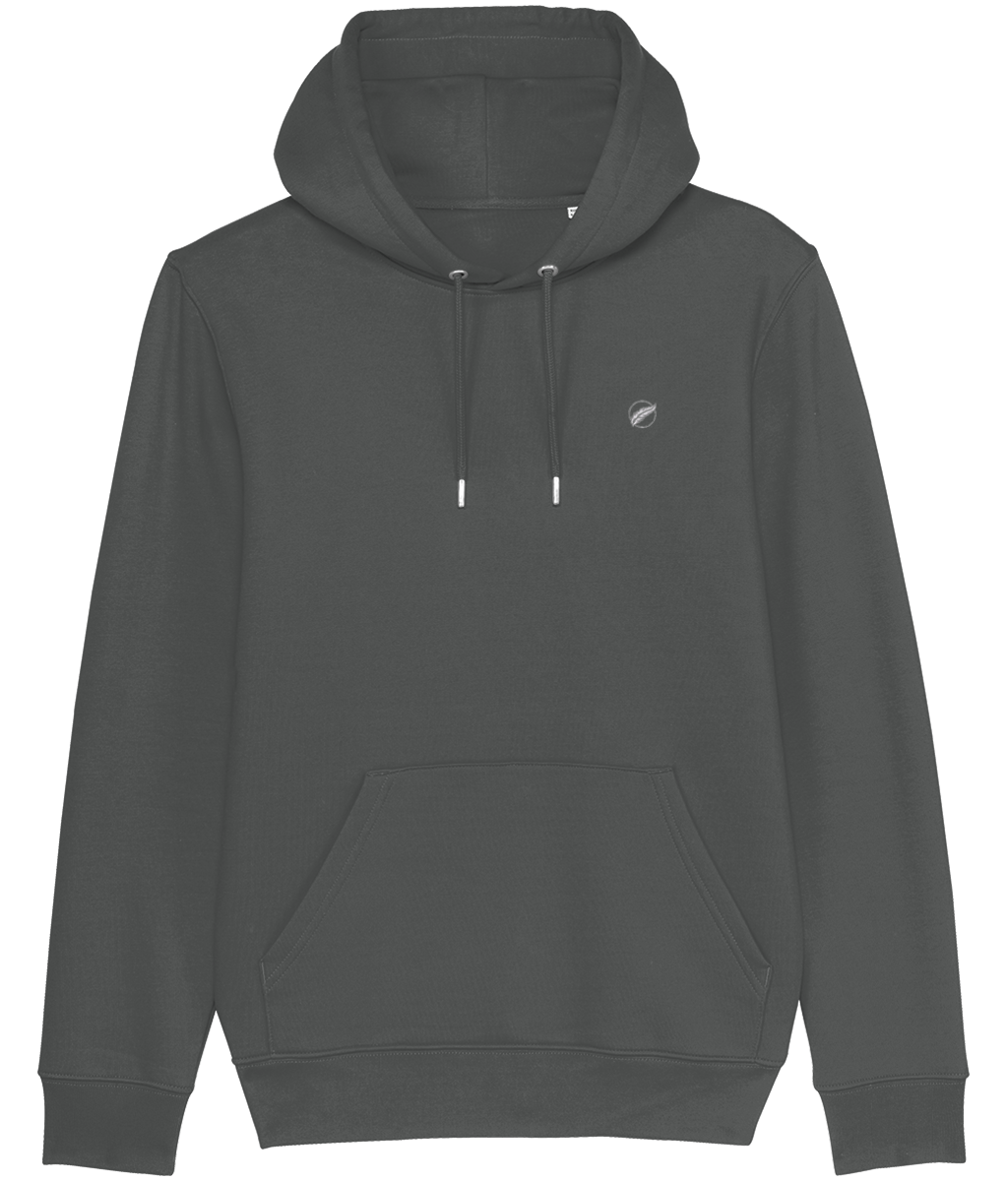 Roho Rafiki® embroidered icon hoodie (Unisex) Vegan. Material: 100% Organic ring-spun combed Cotton. Brushed cotton unisex hooded sweatshirt. Double layered hood in self fabric. Round drawcords in matching body colour with metal tipping. Metal eyelets. Kangaroo pocket at front. The premium quality embroidered icon hoodie comes in a variety of colours. Anthracite.