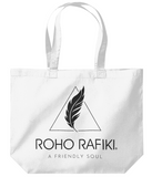 The Roho Rafiki® classic shopper maxi tote bag is crafted using a soft-touch premium organic cotton, the maxi tote is a stylish addition to any eco collection. A simple design with a superior print surface. Lightweight with a large capacity, the maxi tote is ready when you are. White. #RafikiSoul
