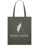 Roho Rafiki® Organic cotton tote bag. A lightweight tote bag made with 100% organic cotton. The full Roho Rafiki® branded tote bag, with strapline, is for the ethical, conscious consumer. The bag is a statement purchase and useful for carrying fitness or hobbies kit as well as for a few shopping essentials. Khaki. #RafikiSoul