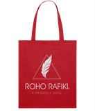Roho Rafiki® Organic cotton tote bag. A lightweight tote bag made with 100% organic cotton. The full Roho Rafiki® branded tote bag, with strapline, is for the ethical, conscious consumer. The bag is a statement purchase and useful for carrying fitness or hobbies kit as well as for a few shopping essentials. Red. #RafikiSoul