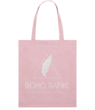 Roho Rafiki® Organic cotton tote bag. A lightweight tote bag made with 100% organic cotton. The full Roho Rafiki® branded tote bag, with strapline, is for the ethical, conscious consumer. The bag is a statement purchase and useful for carrying fitness or hobbies kit as well as for a few shopping essentials. Cotton Pink. #RafikiSoul