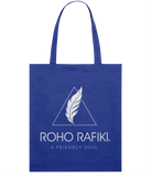 Roho Rafiki® Organic cotton tote bag. A lightweight tote bag made with 100% organic cotton. The full Roho Rafiki® branded tote bag, with strapline, is for the ethical, conscious consumer. The bag is a statement purchase and useful for carrying fitness or hobbies kit as well as for a few shopping essentials. Royal Blue. #RafikiSoul