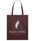 Roho Rafiki® Organic cotton tote bag. A lightweight tote bag made with 100% organic cotton. The full Roho Rafiki® branded tote bag, with strapline, is for the ethical, conscious consumer. The bag is a statement purchase and useful for carrying fitness or hobbies kit as well as for a few shopping essentials. Burgundy. #RafikiSoul