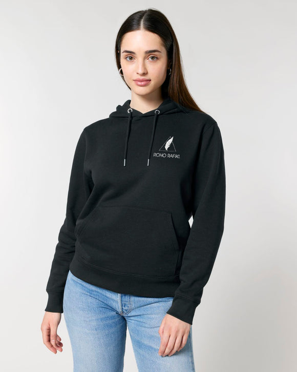 Roho Rafiki® branded hoodie - (Unisex). Vegan. Material: 85% Organic ring-spun Combed Cotton, 15% Recycled Polyester. Brushed cotton unisex hooded sweatshirt. Double layered hood in self fabric. Round drawcords in matching body colour with metal tipping. Metal eyelets. Kangaroo pocket at front. Black. #RafikiSoul