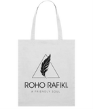 Roho Rafiki® Organic cotton tote bag. A lightweight tote bag made with 100% organic cotton. The full Roho Rafiki® branded tote bag, with strapline, is for the ethical, conscious consumer. The bag is a statement purchase and useful for carrying fitness or hobbies kit as well as for a few shopping essentials. White. #RafikiSoul