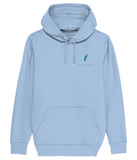 Roho Rafiki® branded hoodie - (Unisex). Vegan. Material: 85% Organic ring-spun Combed Cotton, 15% Recycled Polyester. Brushed cotton unisex hooded sweatshirt. Double layered hood in self fabric. Round drawcords in matching body colour with metal tipping. Metal eyelets. Kangaroo pocket at front. Blue Soul. #RafikiSoul