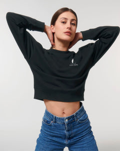 The Roho Rafiki® icon cropster sweatshirt is a women's cropped crew neck sweatshirt made from 85% Organic ringspun combed cotton, 15% Recycled polyester. The fabric of the sweatshirt has been washed and is lightly sueded meaning the garment is both extremely soft and perfect for everyday wear. Black. #RafikiSoul