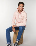 Roho Rafiki® branded hoodie - (Unisex). Vegan. Material: 85% Organic ring-spun Combed Cotton, 15% Recycled Polyester. Brushed cotton unisex hooded sweatshirt. Double layered hood in self fabric. Round drawcords in matching body colour with metal tipping. Metal eyelets. Kangaroo pocket at front. Cotton Pink. #RafikiSoul