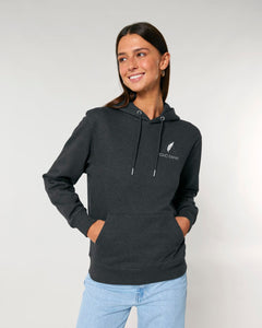 Roho Rafiki® branded hoodie - (Unisex). Vegan. Material: 85% Organic ring-spun Combed Cotton, 15% Recycled Polyester. Brushed cotton unisex hooded sweatshirt. Double layered hood in self fabric. Round drawcords in matching body colour with metal tipping. Metal eyelets. Kangaroo pocket at front. Dark Heather Grey. #RafikiSoul
