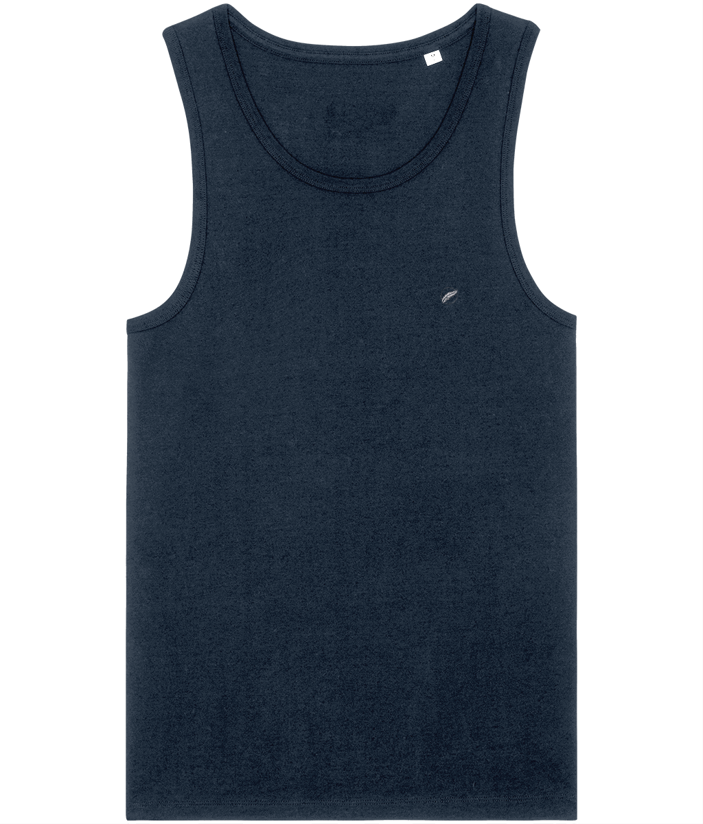 The Roho Rafiki® embroidered white feather icon vest (Men's) is a highly versatile addition to any eco-conscious wardrobe, thanks to a multitude of styling possibilities. This sleeveless staple has been modernised for comfort and fit, and is perfect as a layering tank top under a shirt for a neat, modern look, worn solo on warmer days, or at the gym. The quality vest is also supremely comfortable, offering ultimate freedom of movement. French Navy.