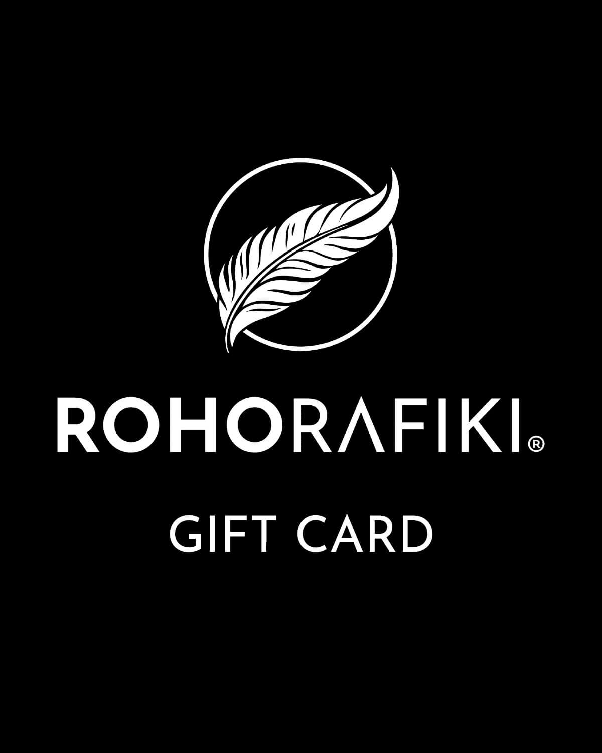 Image of a black gift card with white Roho Rafiki logo
