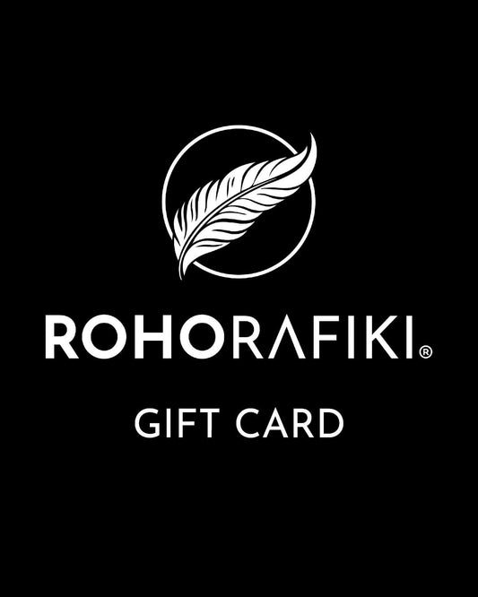 Image of a black gift card with white Roho Rafiki logo