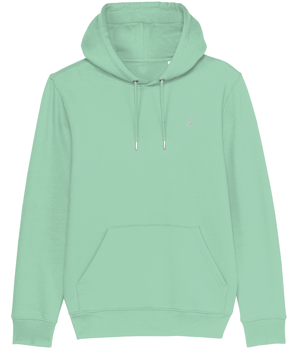 Roho Rafiki® embroidered icon hoodie (Unisex) Vegan. Material: 100% Organic ring-spun combed Cotton. Brushed cotton unisex hooded sweatshirt. Double layered hood in self fabric. Round drawcords in matching body colour with metal tipping. Metal eyelets. Kangaroo pocket at front. The premium quality embroidered icon hoodie comes in a variety of colours. Misty Jade