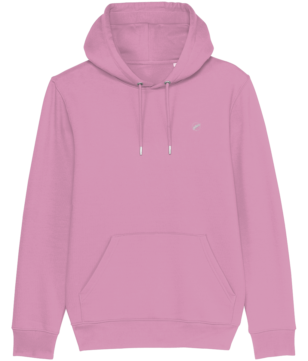 Roho Rafiki® embroidered icon hoodie (Unisex) Vegan. Material: 100% Organic ring-spun combed Cotton. Brushed cotton unisex hooded sweatshirt. Double layered hood in self fabric. Round drawcords in matching body colour with metal tipping. Metal eyelets. Kangaroo pocket at front. The premium quality embroidered icon hoodie comes in a variety of colours. Bubble pink.