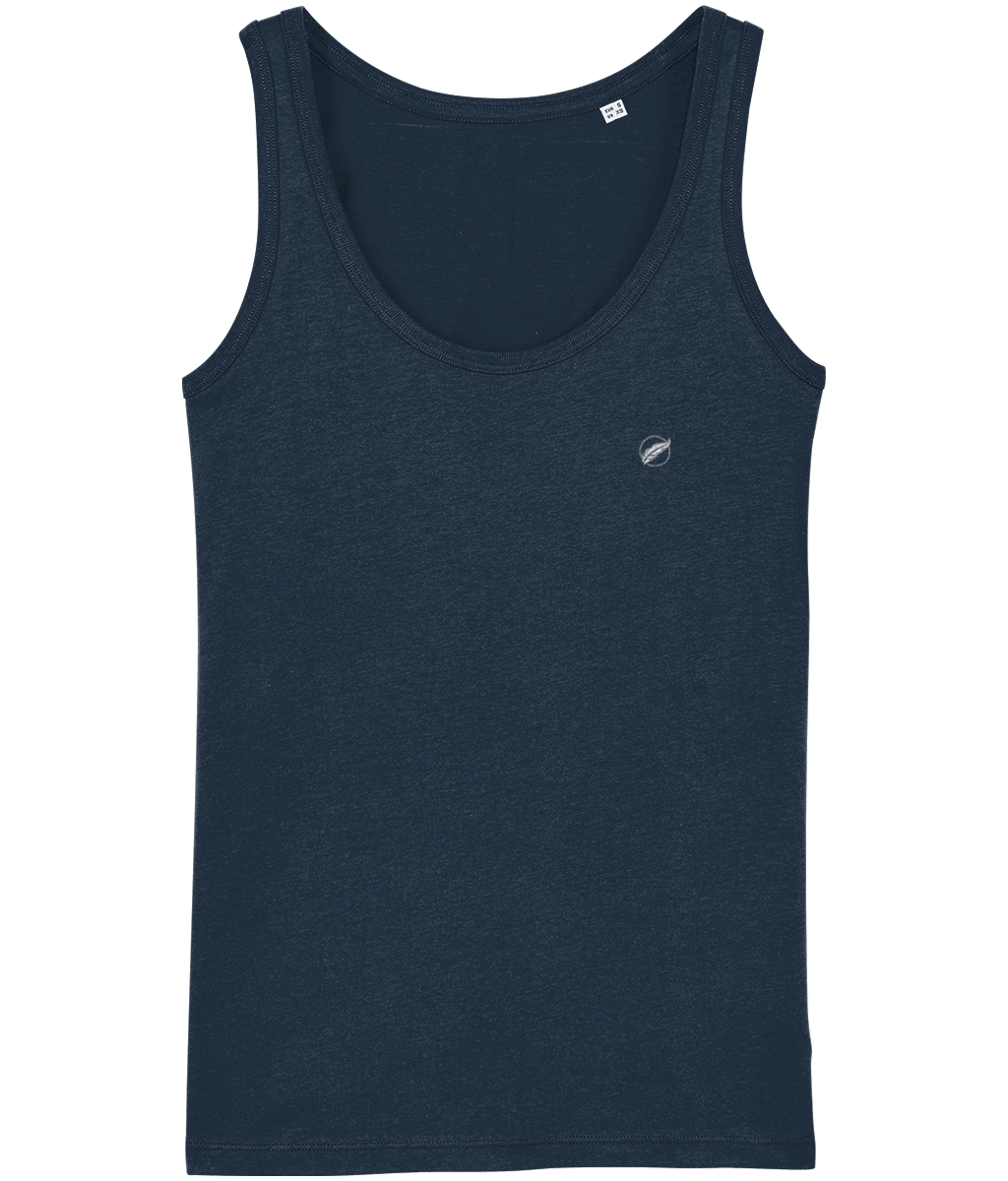 The Roho Rafiki® embroidered white feather icon vest (Women's) is fitted and made from soft 100% organic cotton and offers a relaxed and contemporary fit. This versatile, eco-friendly garment has a flattering neckline and form-fitting design that makes it ideal as a layering vest worn under a shirt or light jacket, for a fitness class or as a stand-alone summer staple and delivers the ultimate in quality, comfort and versatility. French Navy.
