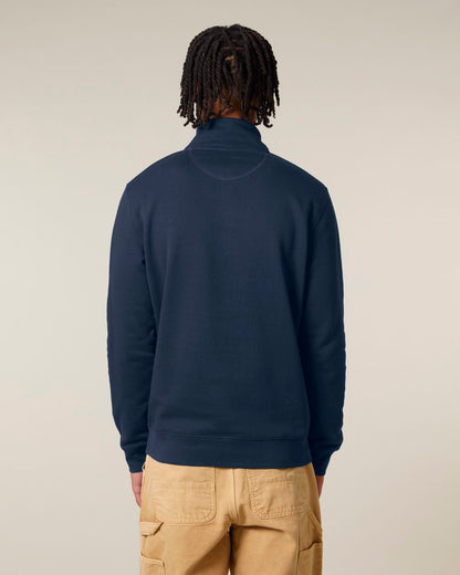 The Roho Rafiki® embroidered unisex quarter-zip sweatshirt is made with organic cotton and recycled polyester and is a sleek, stylish and quality finished garment. Navy blue/