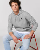 Roho Rafiki® branded hoodie - (Unisex). Vegan. Material: 85% Organic ring-spun Combed Cotton, 15% Recycled Polyester. Brushed cotton unisex hooded sweatshirt. Double layered hood in self fabric. Round drawcords in matching body colour with metal tipping. Metal eyelets. Kangaroo pocket at front. Heather Grey. #RafikiSoul