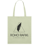 Roho Rafiki® Organic cotton tote bag. A lightweight tote bag made with 100% organic cotton. The full Roho Rafiki® branded tote bag, with strapline, is for the ethical, conscious consumer. The bag is a statement purchase and useful for carrying fitness or hobbies kit as well as for a few shopping essentials. Stem Green. #RafikiSoul