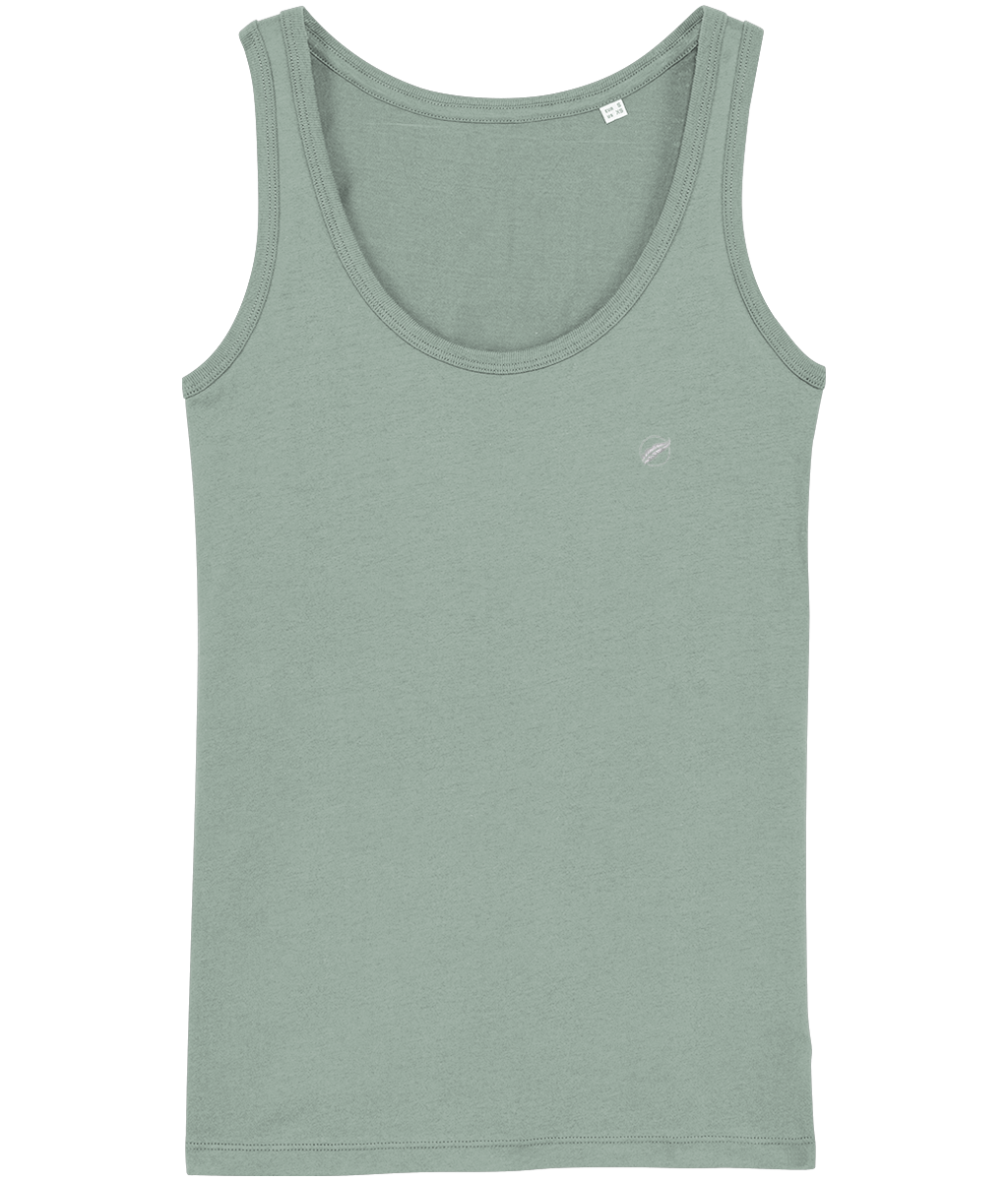 The Roho Rafiki® embroidered white feather icon vest (Women's) is fitted and made from soft 100% organic cotton and offers a relaxed and contemporary fit. This versatile, eco-friendly garment has a flattering neckline and form-fitting design that makes it ideal as a layering vest worn under a shirt or light jacket, for a fitness class or as a stand-alone summer staple and delivers the ultimate in quality, comfort and versatility. Aloe green. 