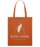 Roho Rafiki® Organic cotton tote bag. A lightweight tote bag made with 100% organic cotton. The full Roho Rafiki® branded tote bag, with strapline, is for the ethical, conscious consumer. The bag is a statement purchase and useful for carrying fitness or hobbies kit as well as for a few shopping essentials. Bright Orange. #RafikiSoul