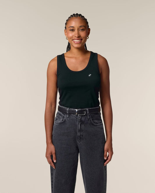 The Roho Rafiki® embroidered icon vest (Women's) is fitted and made from soft 100% organic cotton and offers a relaxed and contemporary fit.&nbsp;This versatile, eco-friendly garment has a flattering neckline and form-fitting design that makes it ideal as a layering vest worn under a shirt or light jacket, or as a stand-alone summer staple and delivers the ultimate in quality, comfort and versatility. Black #RafikiSoul
