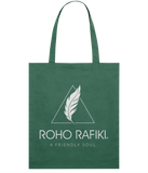 Roho Rafiki® Organic cotton tote bag. A lightweight tote bag made with 100% organic cotton. The full Roho Rafiki® branded tote bag, with strapline, is for the ethical, conscious consumer. The bag is a statement purchase and useful for carrying fitness or hobbies kit as well as for a few shopping essentials. Varsity Green. #RafikiSoul