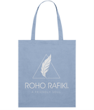 Roho Rafiki® Organic cotton tote bag. A lightweight tote bag made with 100% organic cotton. The full Roho Rafiki® branded tote bag, with strapline, is for the ethical, conscious consumer. The bag is a statement purchase and useful for carrying fitness or hobbies kit as well as for a few shopping essentials. Sky Blue. #RafikiSoul