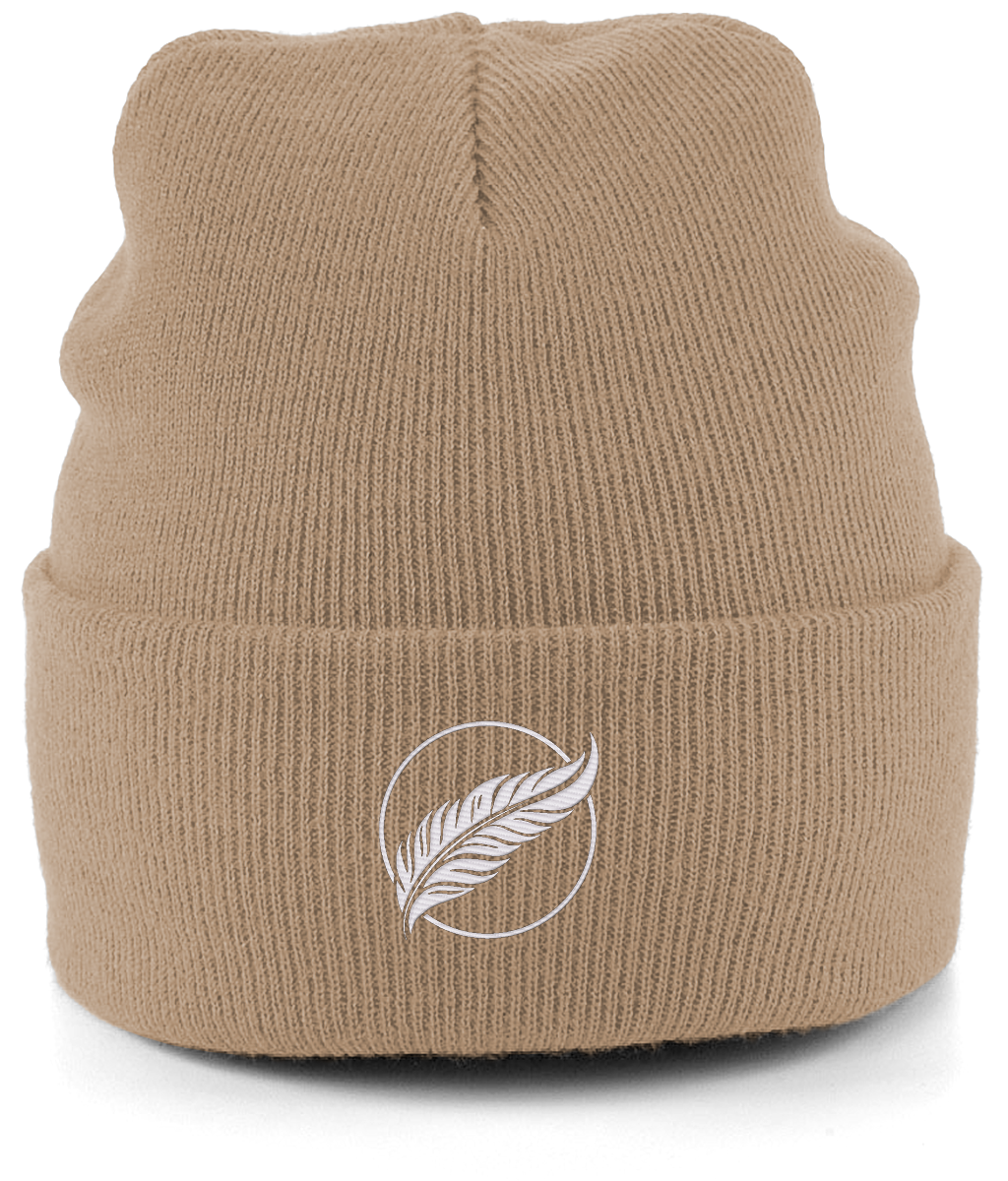 Roho Rafiki® embroidered icon organic cotton beanie. Crafted from 100% organically-sourced Control Union Certified cotton, this lightweight design in a heritage-inspired fine rib is the perfect all-year-round option for casual headwear. Embroidered with the white feather icon logo. A range of colours are available. Biscuit.