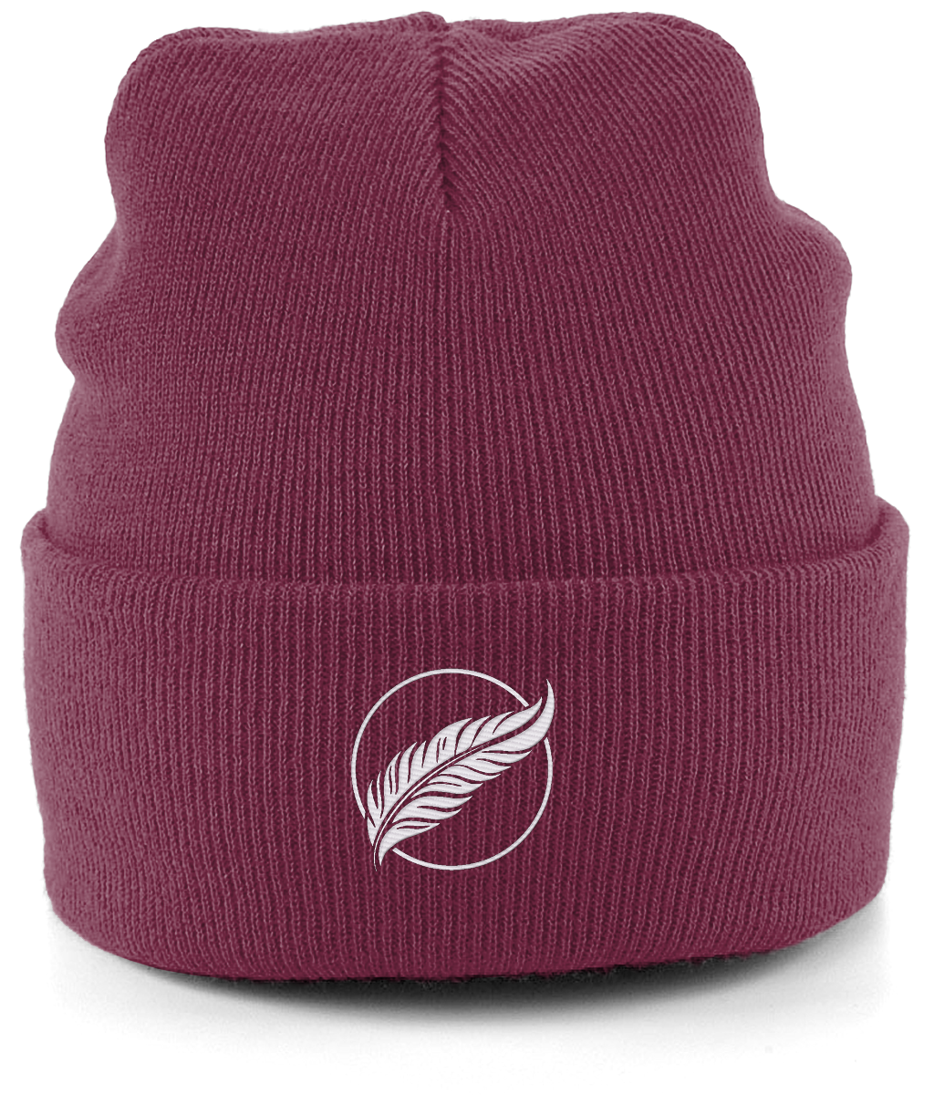Roho Rafiki® embroidered icon organic cotton beanie. Crafted from 100% organically-sourced Control Union Certified cotton, this lightweight design in a heritage-inspired fine rib is the perfect all-year-round option for casual headwear. Embroidered with the white feather icon logo. A range of colours are available. Burgundy.