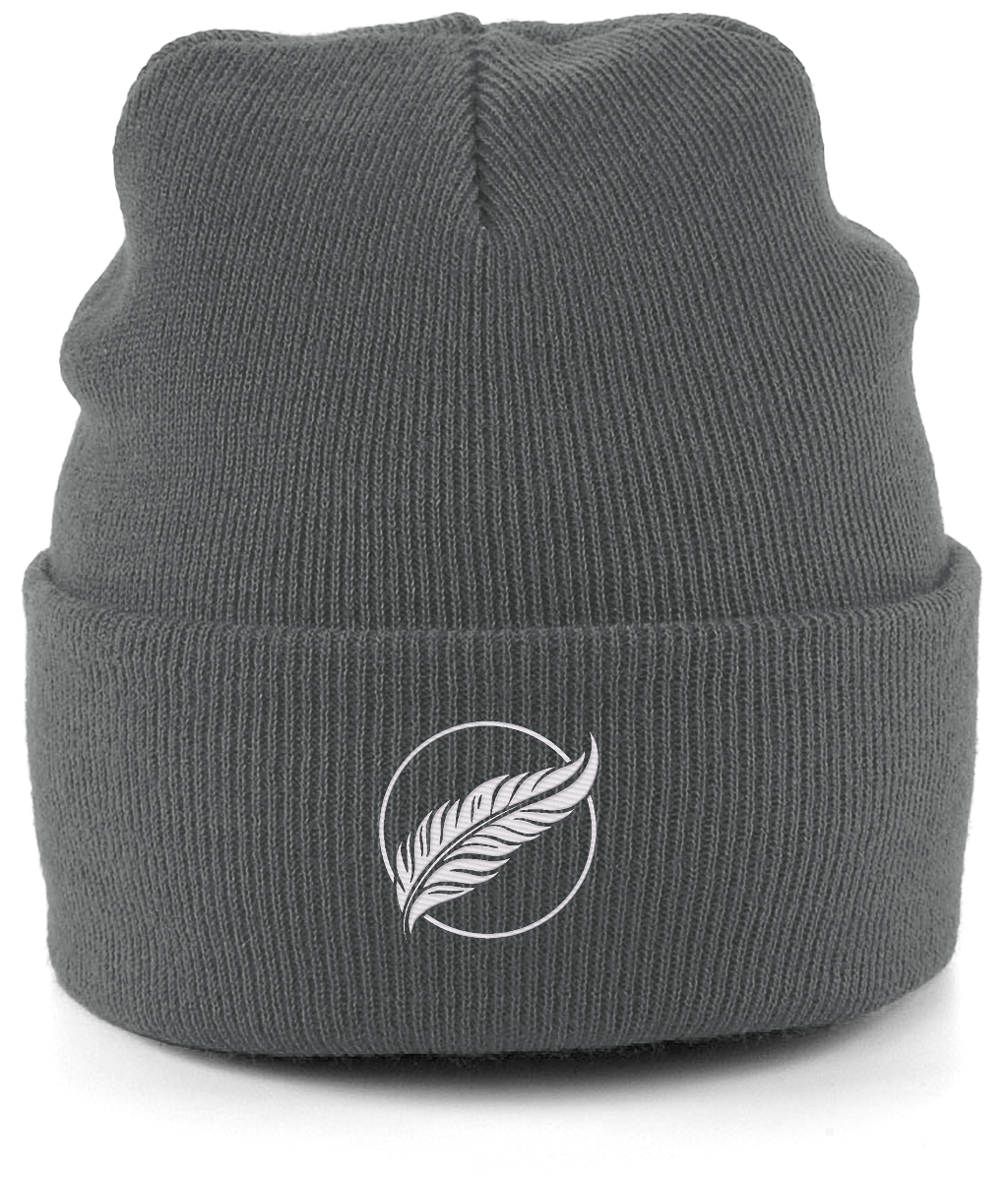 Roho Rafiki® embroidered icon organic cotton beanie. Crafted from 100% organically-sourced Control Union Certified cotton, this lightweight design in a heritage-inspired fine rib is the perfect all-year-round option for casual headwear. Embroidered with the white feather icon logo. A range of colours are available. Graphite Grey.