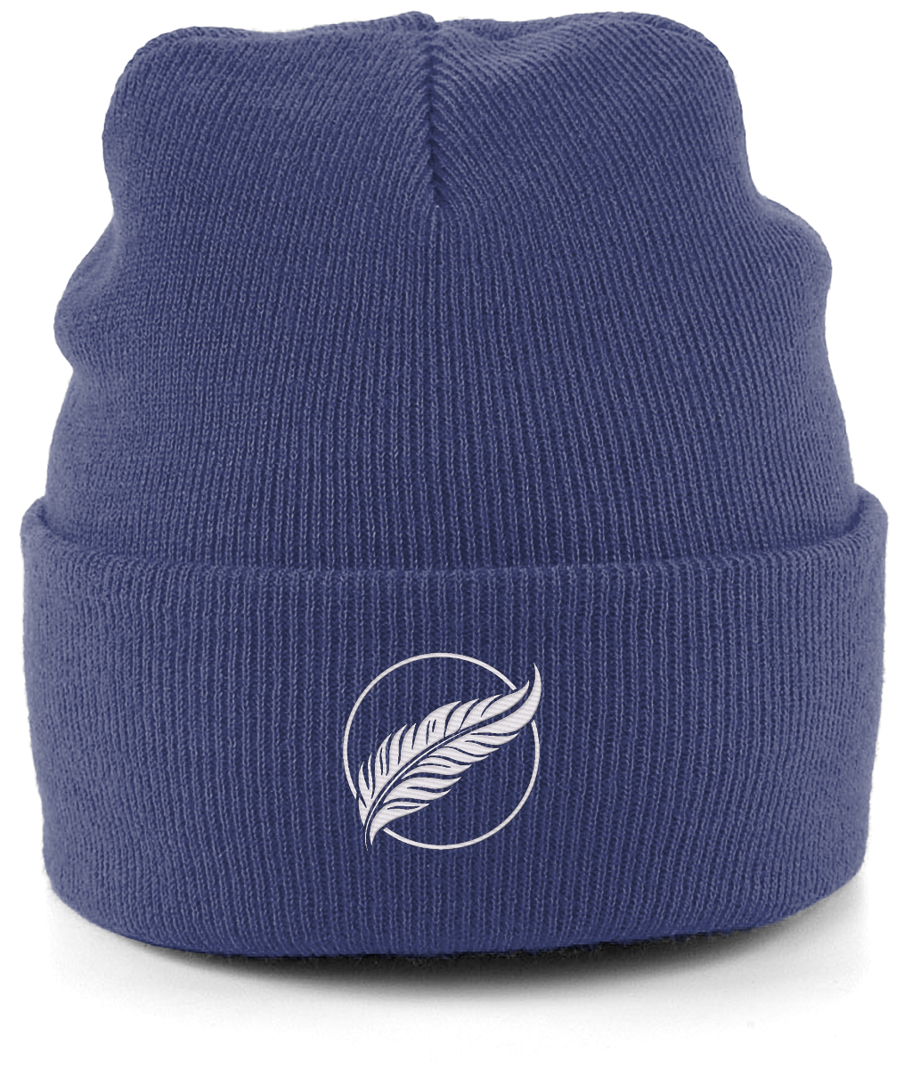 Roho Rafiki® embroidered icon organic cotton beanie. Crafted from 100% organically-sourced Control Union Certified cotton, this lightweight design in a heritage-inspired fine rib is the perfect all-year-round option for casual headwear. Embroidered with the white feather icon logo. A range of colours are available. Oxford blue.
