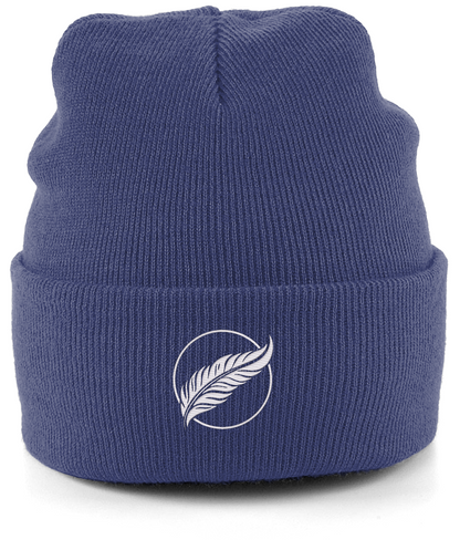 Roho Rafiki® embroidered icon organic cotton beanie. Crafted from 100% organically-sourced Control Union Certified cotton, this lightweight design in a heritage-inspired fine rib is the perfect all-year-round option for casual headwear. Embroidered with the white feather icon logo. A range of colours are available. Oxford blue.