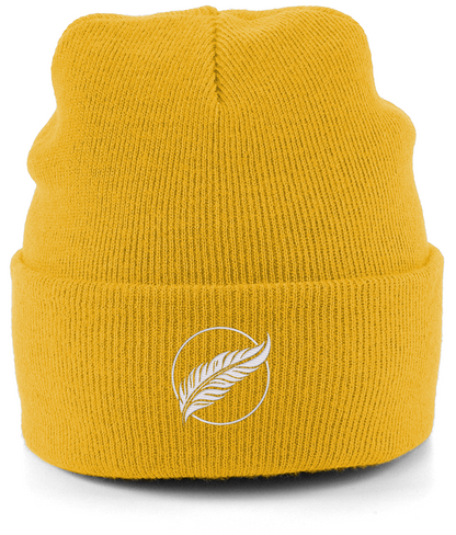 Roho Rafiki® embroidered icon organic cotton beanie. Crafted from 100% organically-sourced Control Union Certified cotton, this lightweight design in a heritage-inspired fine rib is the perfect all-year-round option for casual headwear. Embroidered with the white feather icon logo. A range of colours are available. Mustard yellow.