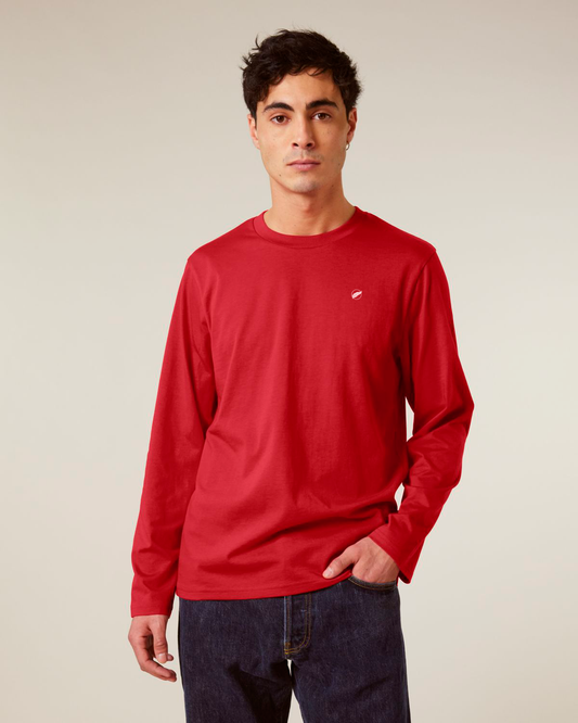 The Roho Rafiki® embroidered long sleeve t-shirt is unisex and crafted from 100% organic cotton with sleeve cuff and premium details. Red.