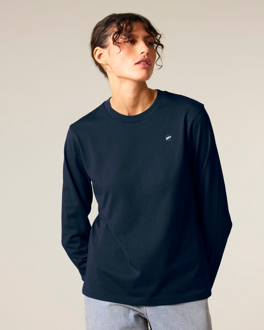 The Roho Rafiki® embroidered icon long sleeve t-shirt (Unisex) is crafted from 100% organic cotton with sleeve cuff and premium details. Navy blue.