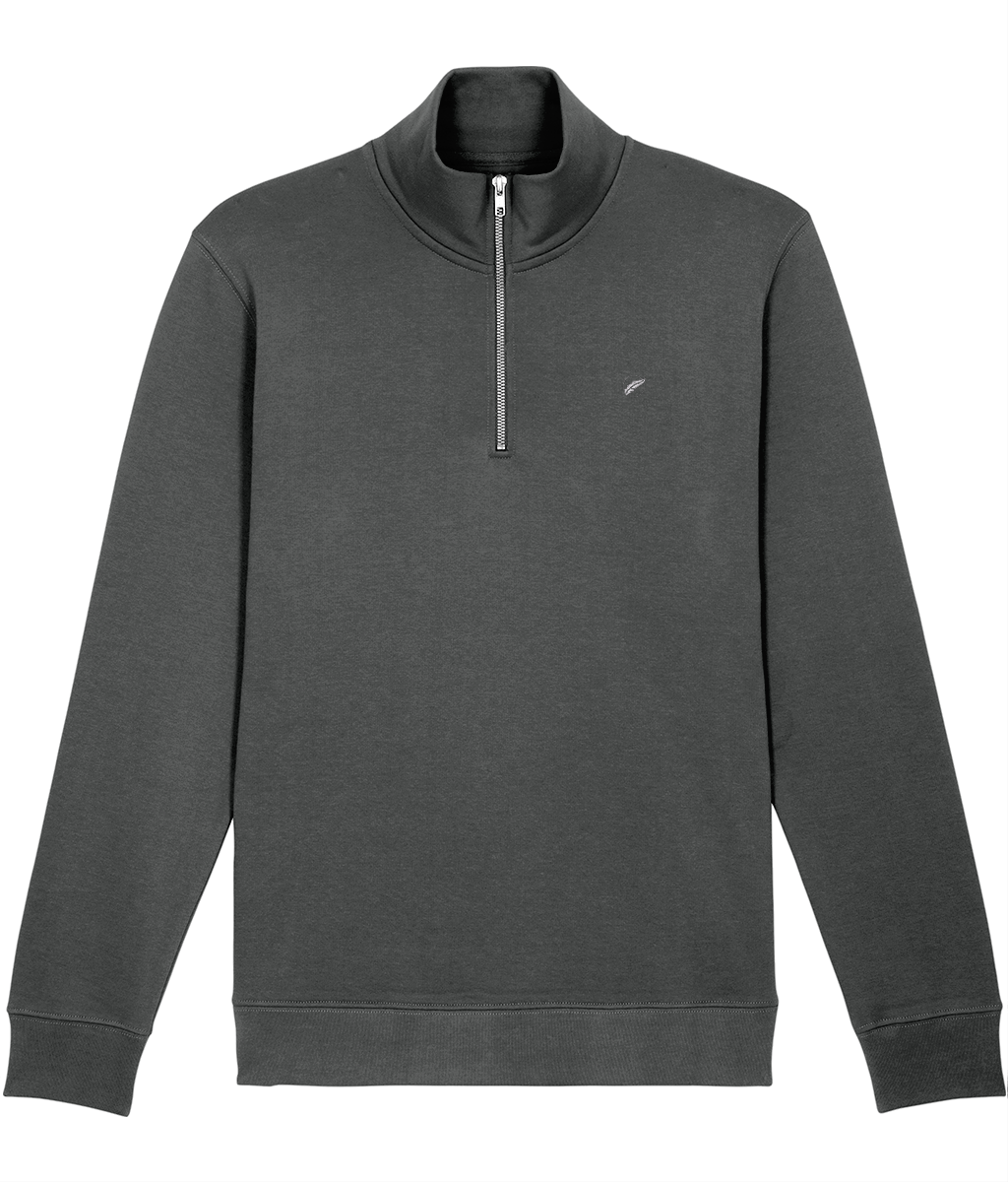 The Roho Rafiki® embroidered unisex quarter-zip sweatshirt is made with organic cotton and recycled polyester and is a sleek, stylish and quality finished garment. Anthracite.