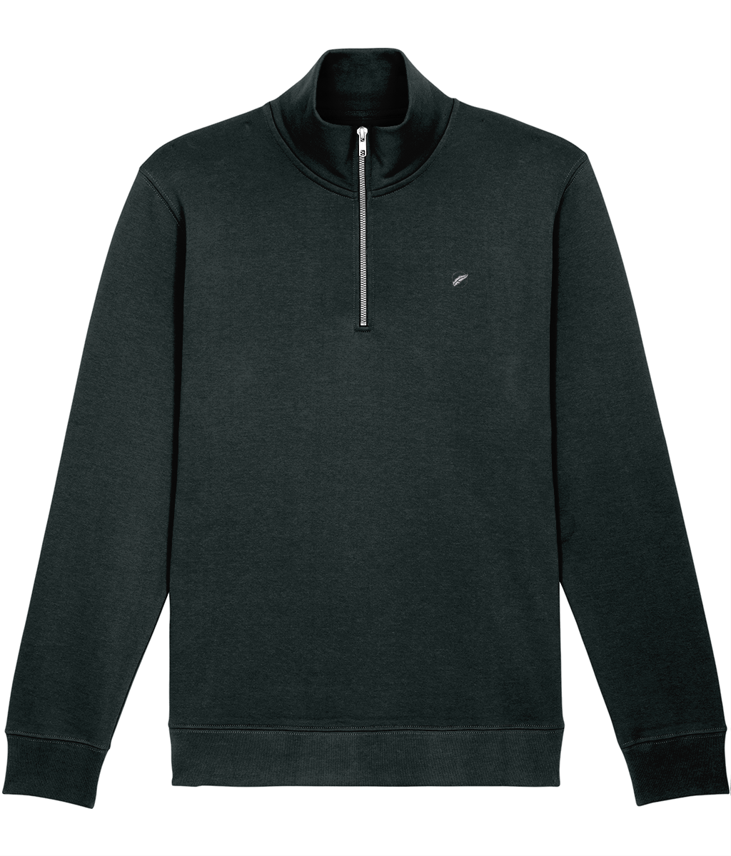 The Roho Rafiki® embroidered unisex quarter-zip sweatshirt is made with organic cotton and recycled polyester and is a sleek, stylish and quality finished garment. Black. 
