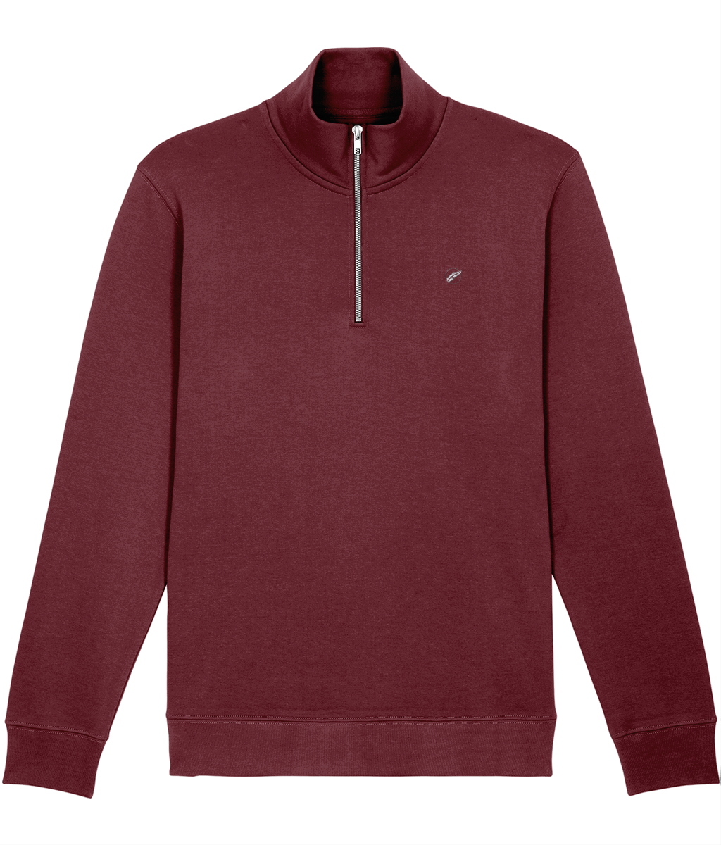 The Roho Rafiki® embroidered unisex quarter-zip sweatshirt is made with organic cotton and recycled polyester and is a sleek, stylish and quality finished garment. Burgundy.