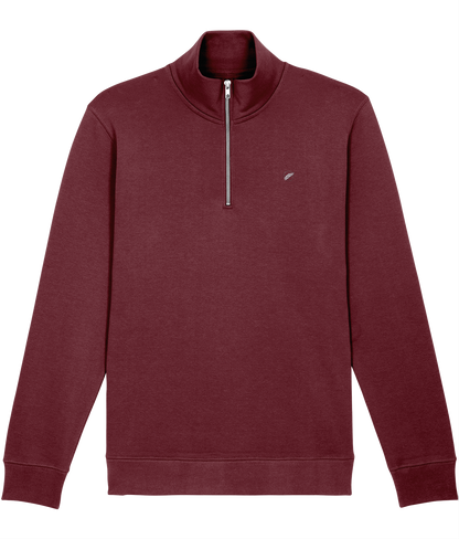 The Roho Rafiki® embroidered unisex quarter-zip sweatshirt is made with organic cotton and recycled polyester and is a sleek, stylish and quality finished garment. Burgundy.