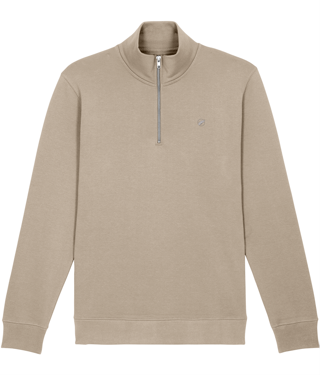 The Roho Rafiki® embroidered unisex quarter-zip sweatshirt is made with organic cotton and recycled polyester and is a sleek, stylish and quality finished garment. Desert dust.