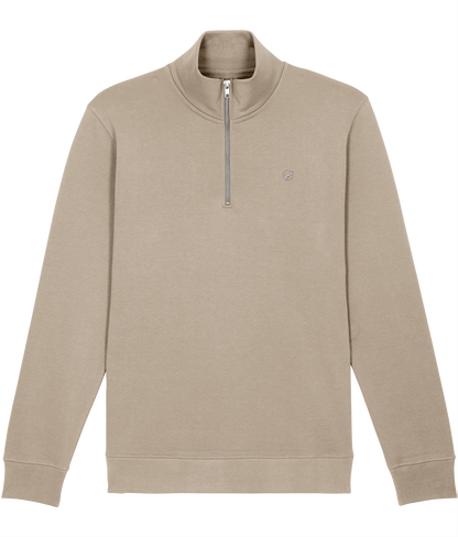 The Roho Rafiki® embroidered unisex quarter-zip sweatshirt is made with organic cotton and recycled polyester and is a sleek, stylish and quality finished garment. Desert dust.