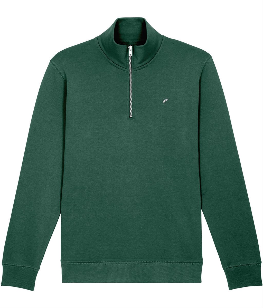 The Roho Rafiki® embroidered unisex quarter-zip sweatshirt is made with organic cotton and recycled polyester and is a sleek, stylish and quality finished garment. Bottle green.