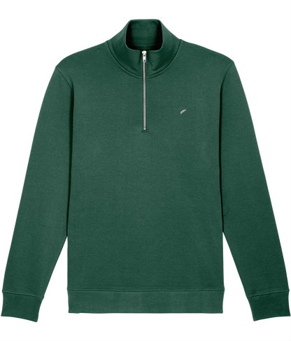 The Roho Rafiki® embroidered unisex quarter-zip sweatshirt is made with organic cotton and recycled polyester and is a sleek, stylish and quality finished garment. Bottle green.