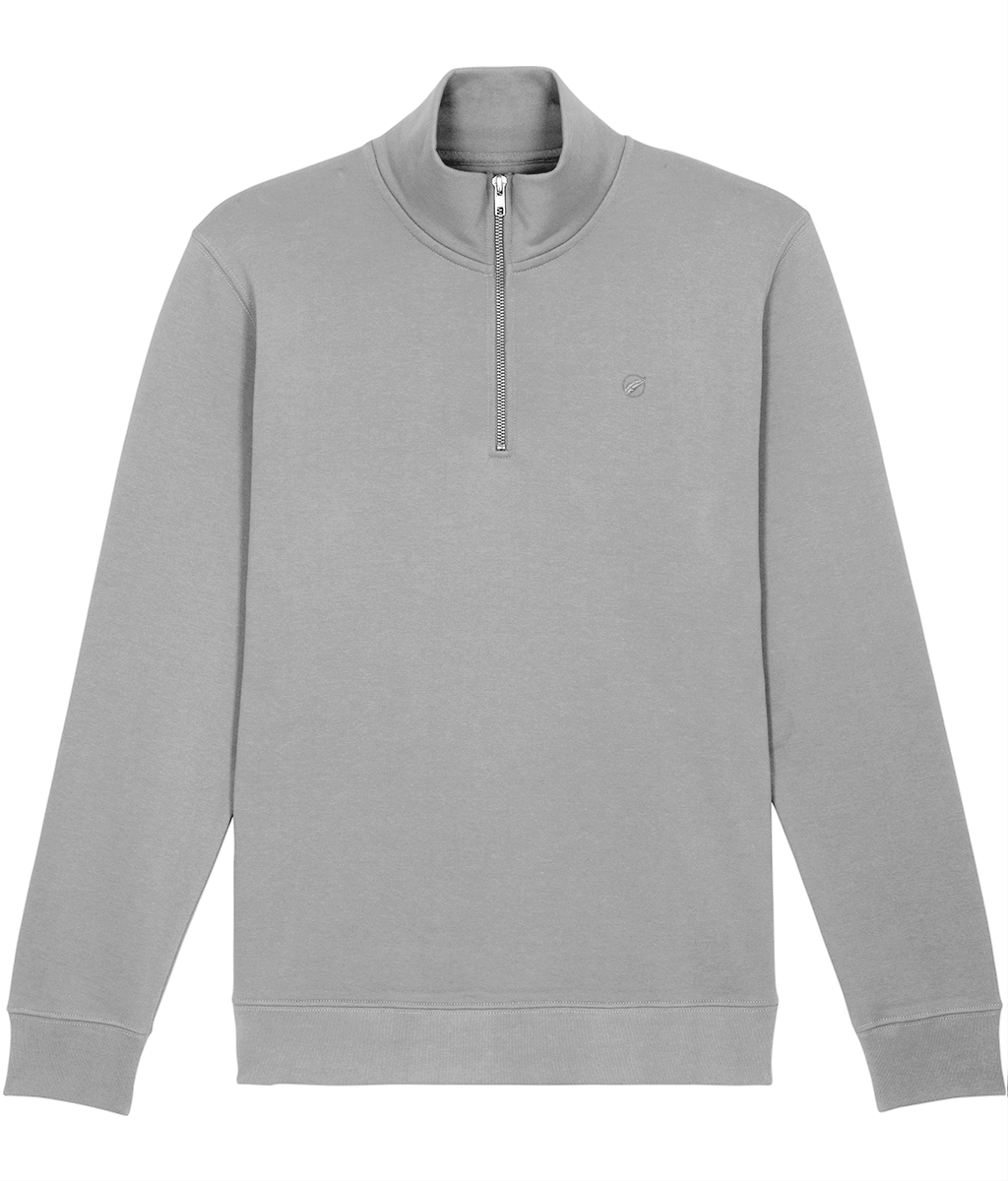 The Roho Rafiki® embroidered unisex quarter-zip sweatshirt is made with organic cotton and recycled polyester and is a sleek, stylish and quality finished garment. Heather Grey. 