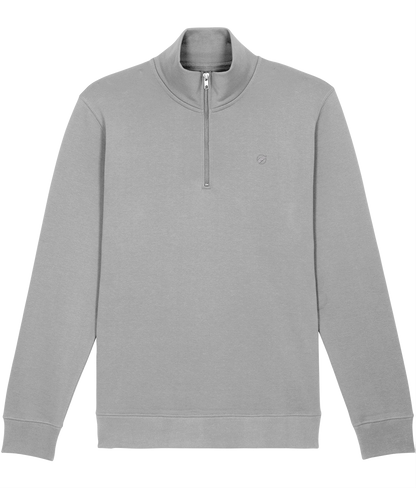 The Roho Rafiki® embroidered unisex quarter-zip sweatshirt is made with organic cotton and recycled polyester and is a sleek, stylish and quality finished garment. Heather Grey. 