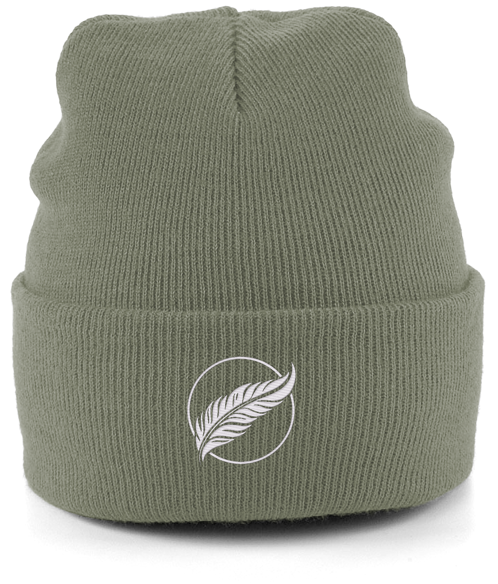 Roho Rafiki® embroidered icon organic cotton beanie. Crafted from 100% organically-sourced Control Union Certified cotton, this lightweight design in a heritage-inspired fine rib is the perfect all-year-round option for casual headwear. Embroidered with our white icon logo. Olive green.